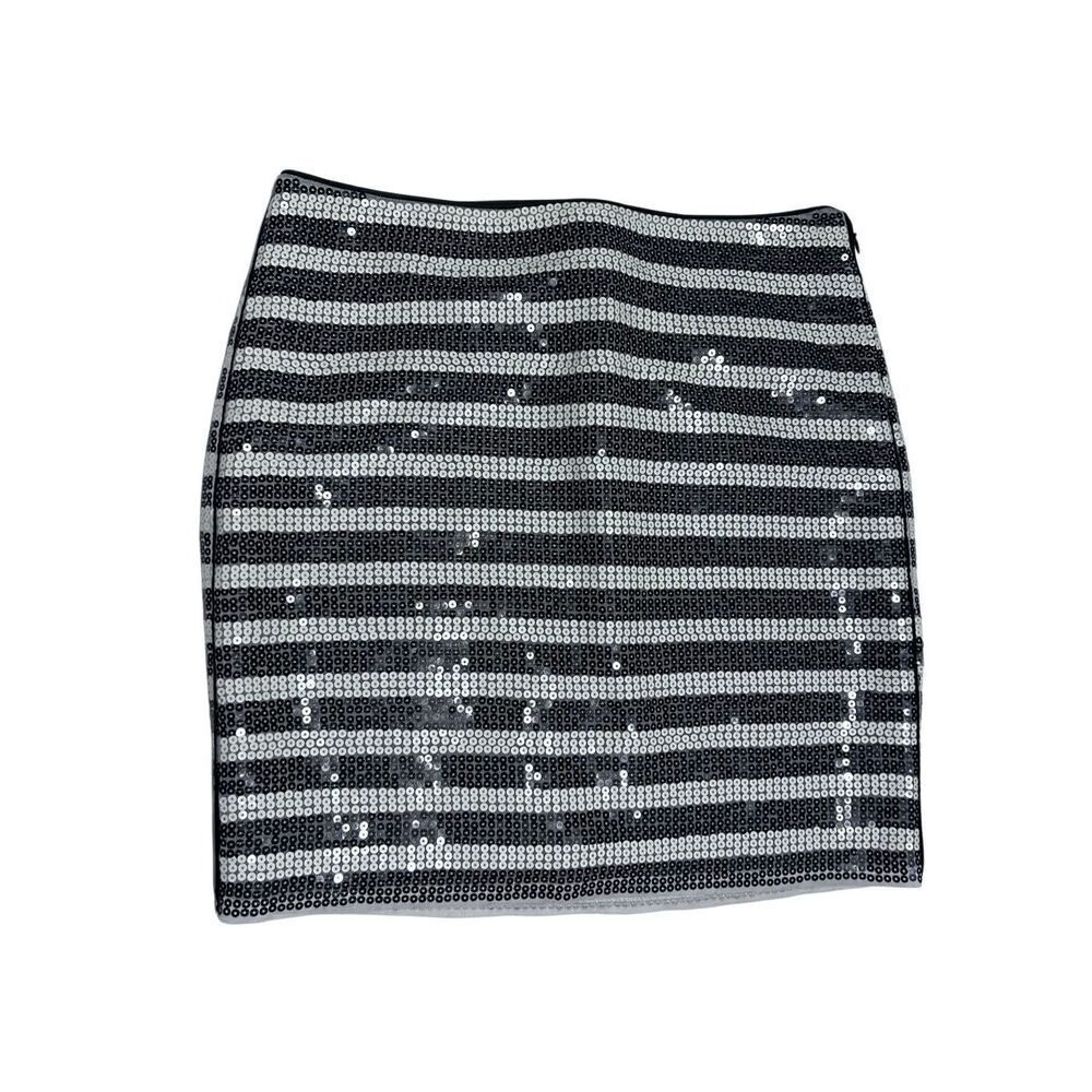 WHBM Black White Stripe Sequin Mini Skirt Lined Size 6 Party Cocktail Holiday